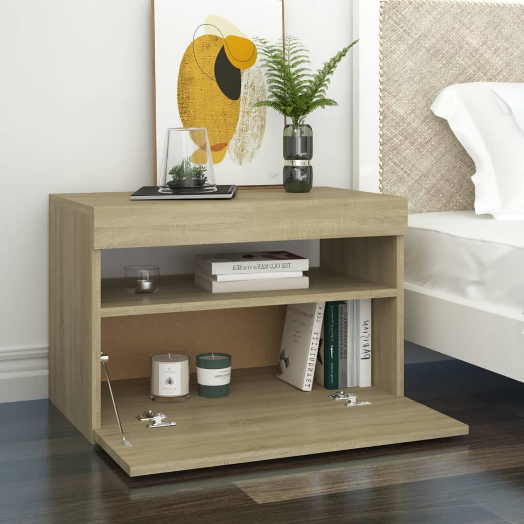 Nattbord Med Led-Lys Sonoma Eik 60X35X40 Cm Konstruert Tre