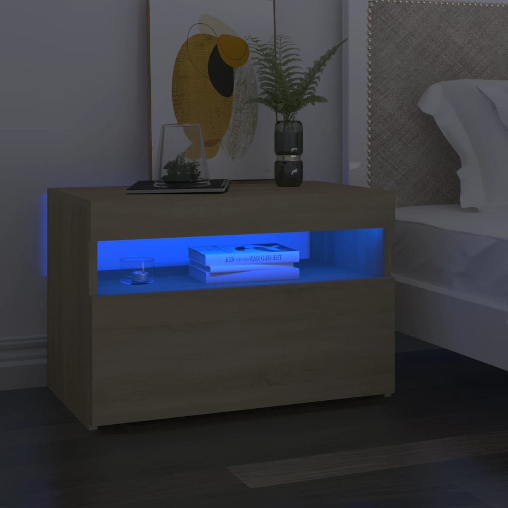 Nattbord Med Led-Lys Sonoma Eik 60X35X40 Cm Konstruert Tre