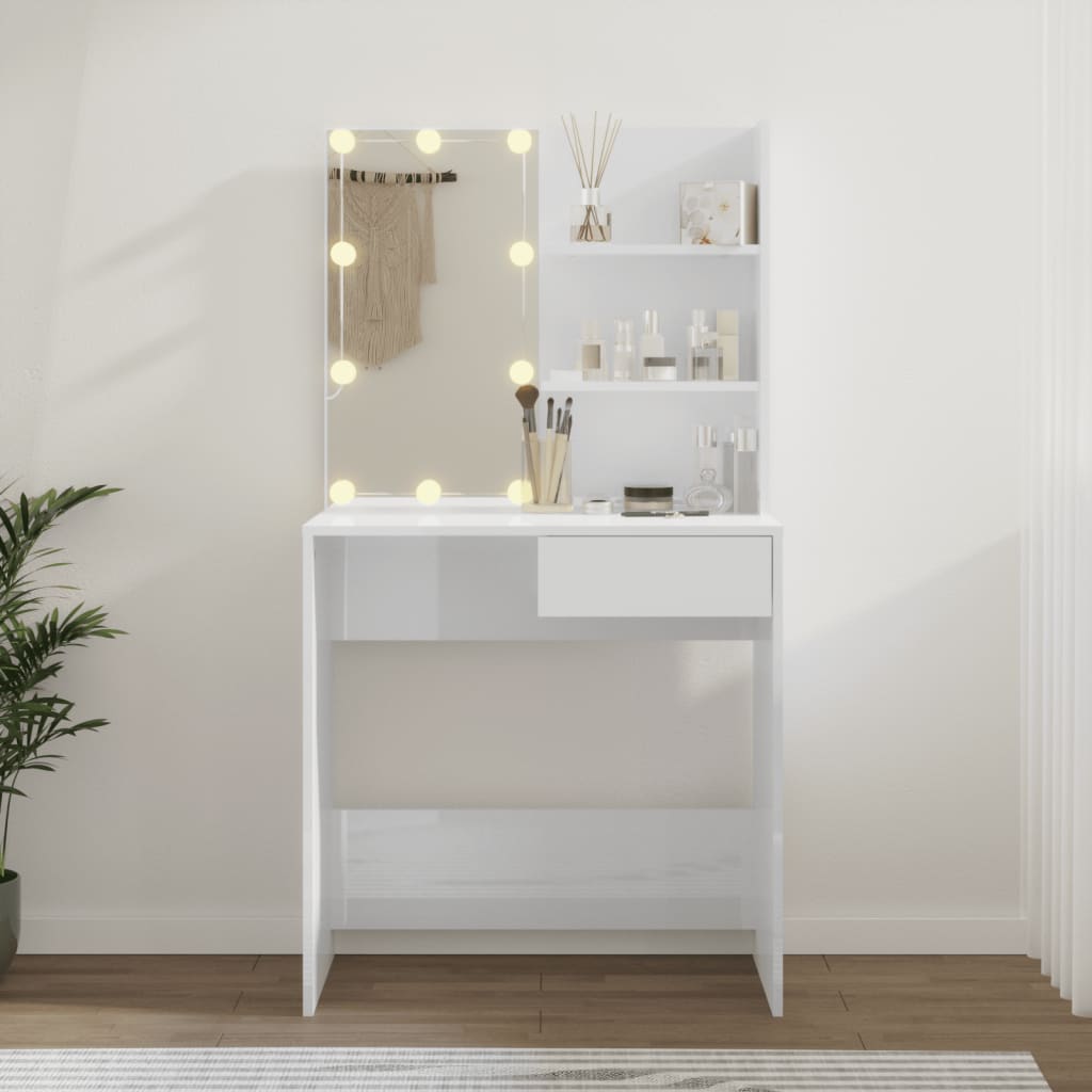 Sminkebord Med Led Høyglans Hvit 74,5X40X141 Cm