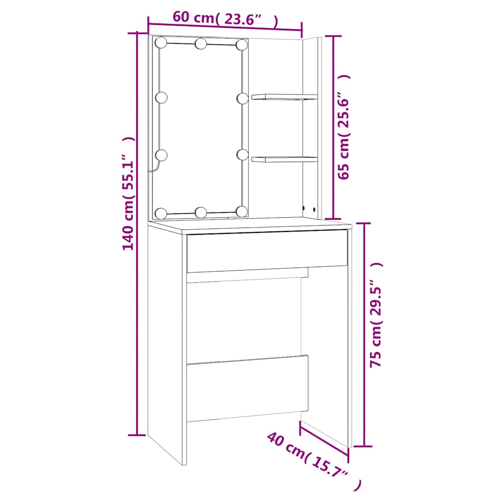 Sminkebord Med Led Hvit 60X40X140 Cm