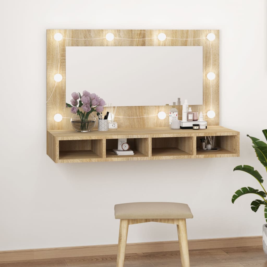 Speilskap Med Led Sonoma Eik 90X31,5X62 Cm