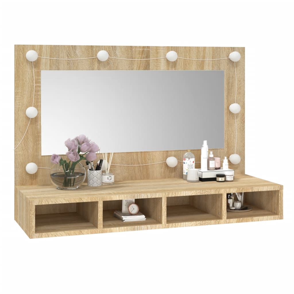 Speilskap Med Led Sonoma Eik 90X31,5X62 Cm