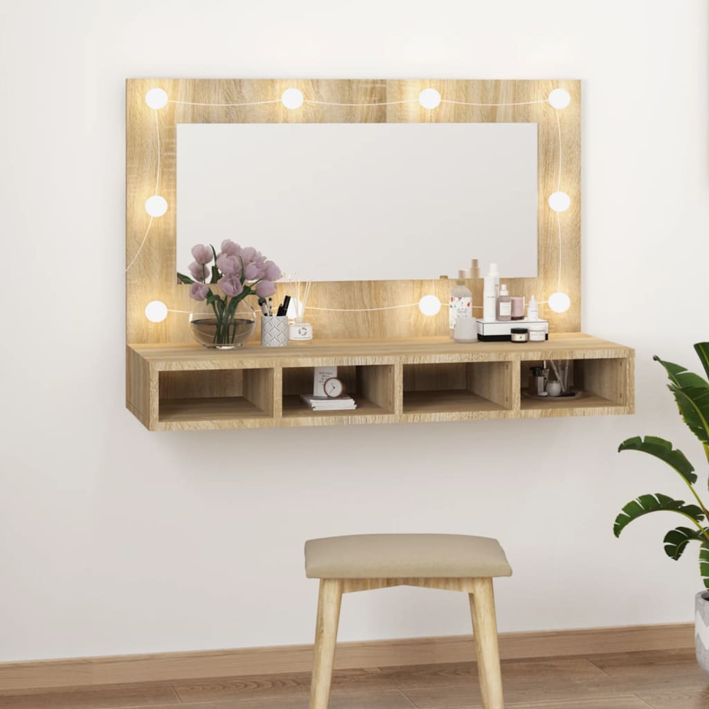 Speilskap Med Led Sonoma Eik 90X31,5X62 Cm