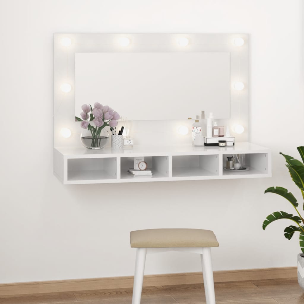 Speilskap Med Led Høyglans Hvit 90X31,5X62 Cm