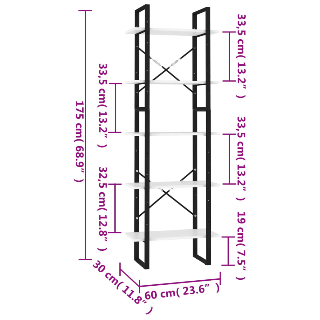 Bokhylle 5 Nivåer Hvit 60X30X175 Cm Konstruert Tre