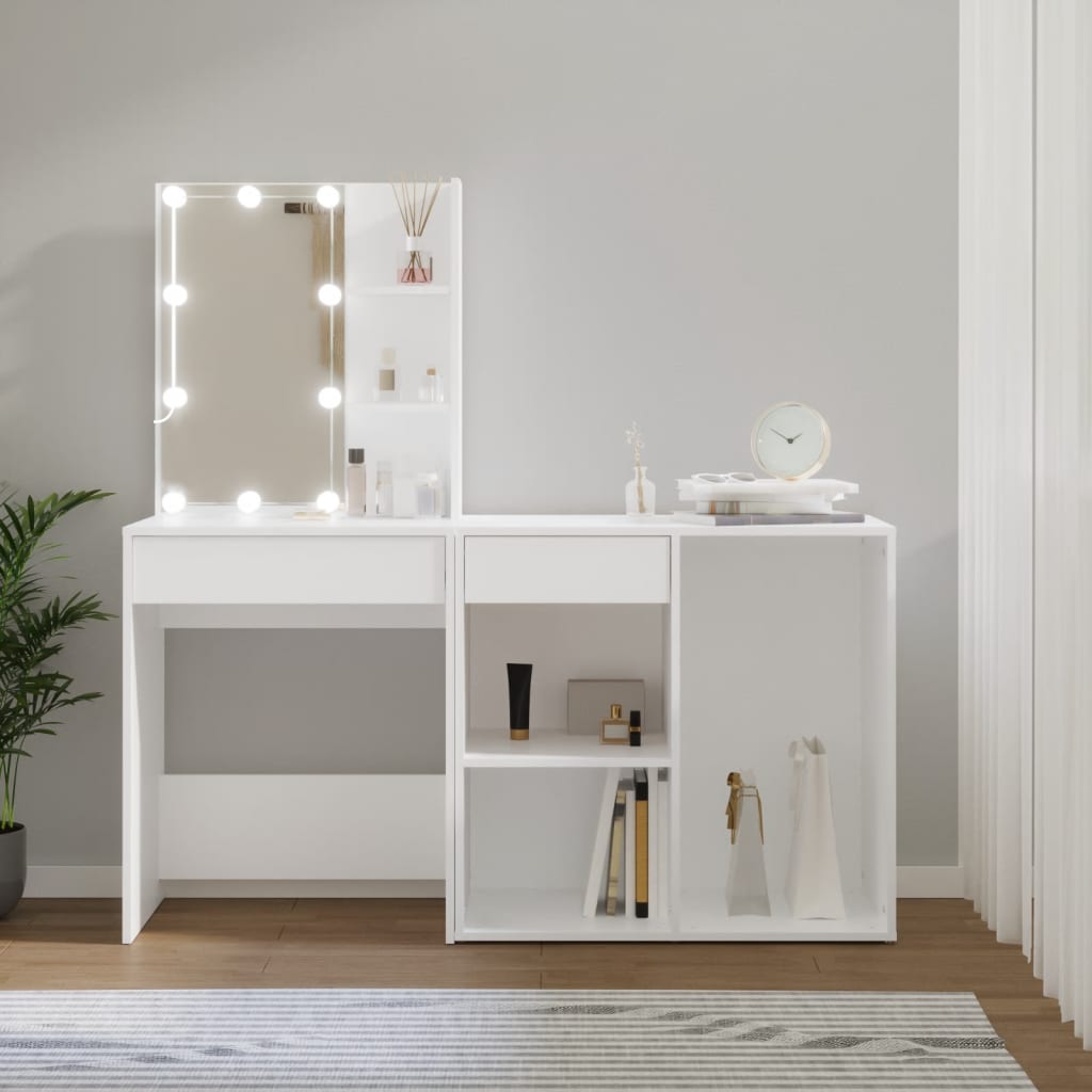 Led-Sminkebord Med Skap Hvit Konstruert Tre