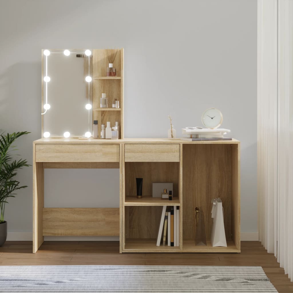 Led-Sminkebord Med Skap Sonoma Eik Konstruert Tre