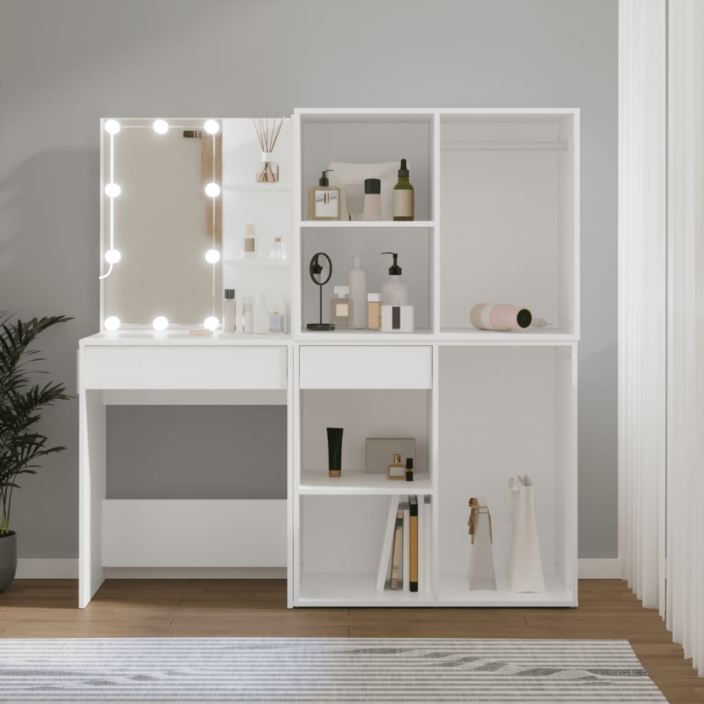 Led-Sminkebord Med 2 Skap Hvit Konstruert Tre
