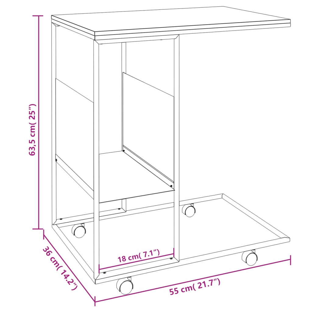 Sidebord Med Hjul Hvit 55X36X63,5 Cm Konstruert Tre