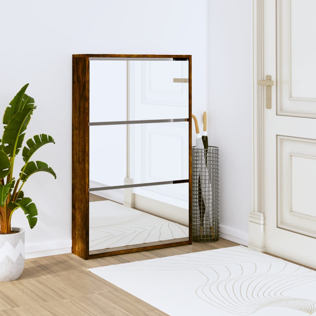 Skoskap Med Speil 3 Lag Røkt Eik 63X17X102,5 Cm