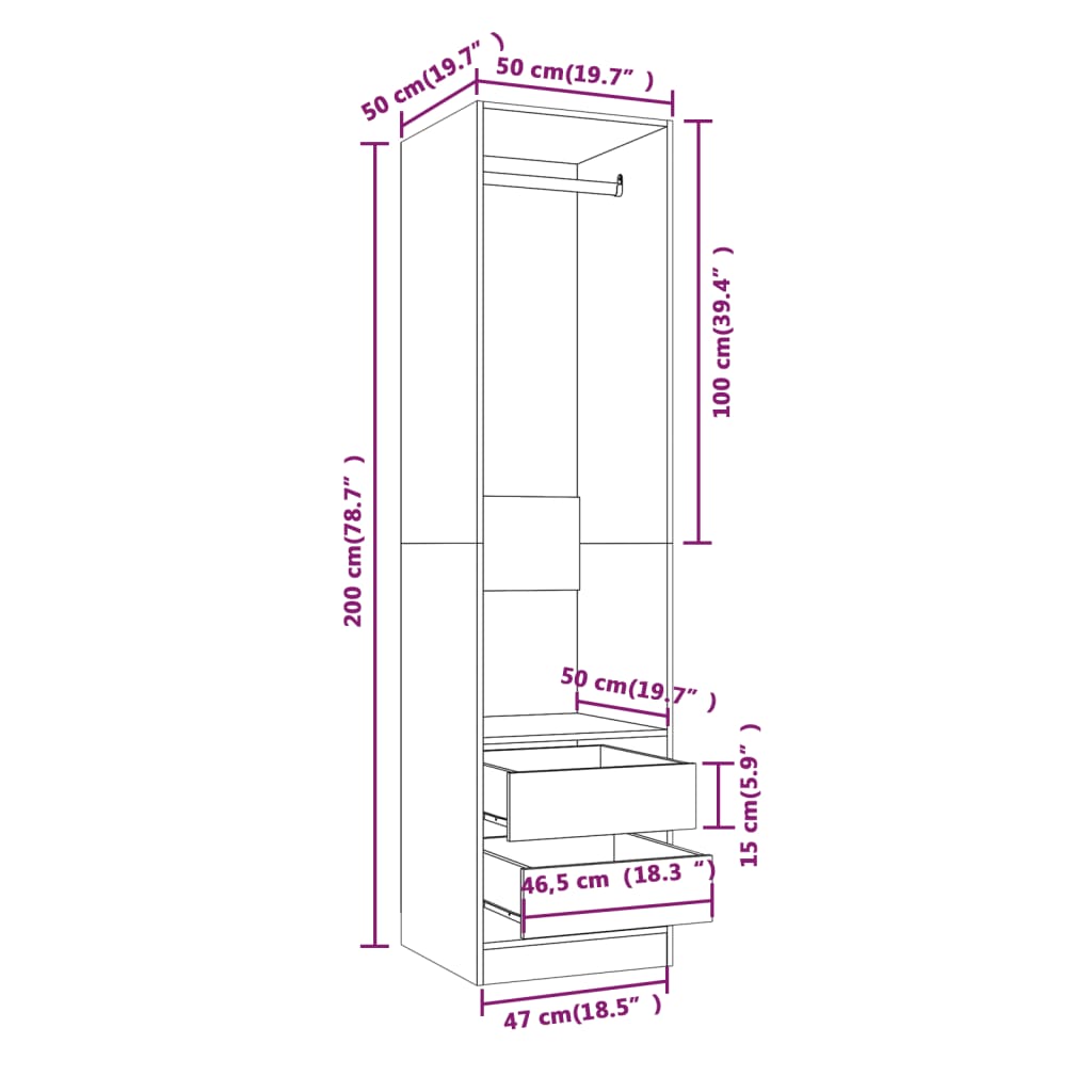 Garderobe Med Skuffer Grå Sonoma 50X50X200 Cm Konstruert Tre