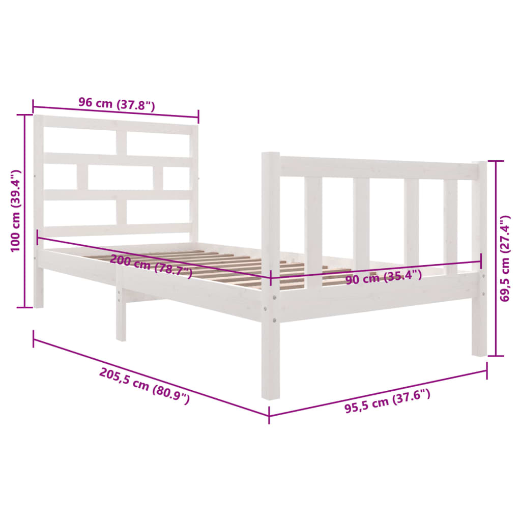 Sengeramme Hvit Heltre Furu 90X200 Cm
