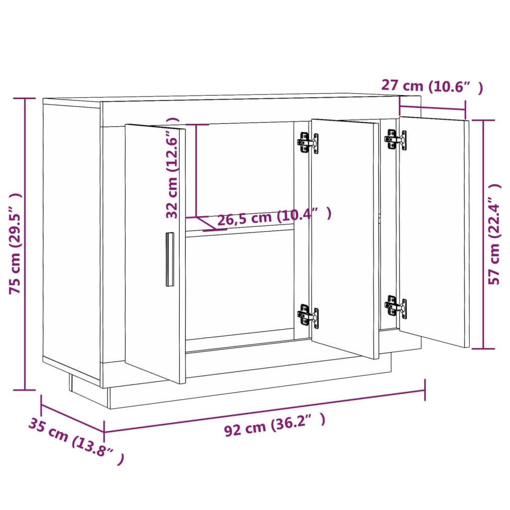 Skjenk Hvit 92X35X75 Cm Konstruert Tre