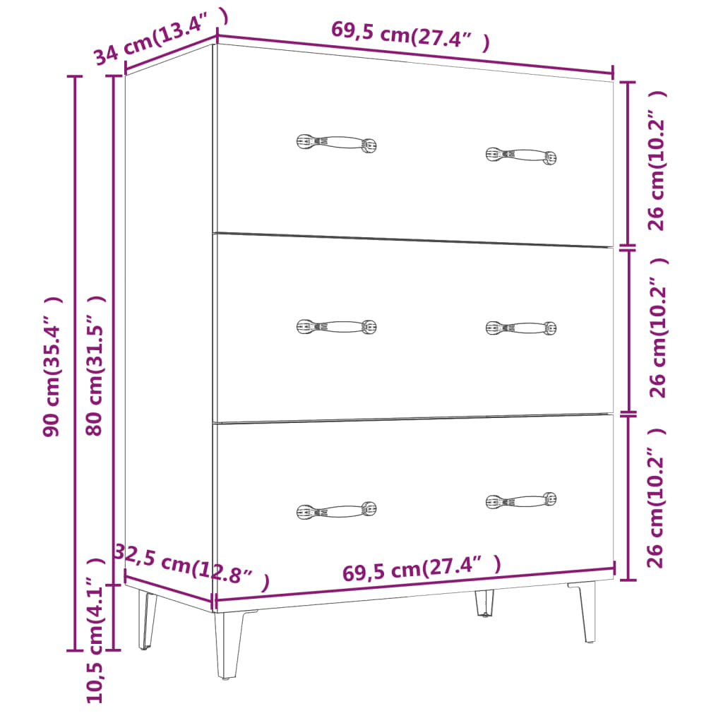 Skjenk Hvit 69,5X34X90 Cm Konstruert Tre