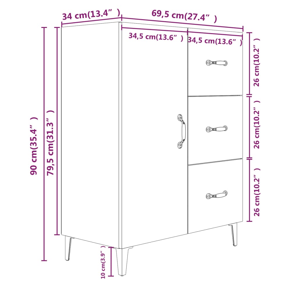 Skjenk Hvit 69,5X34X90 Cm Konstruert Tre