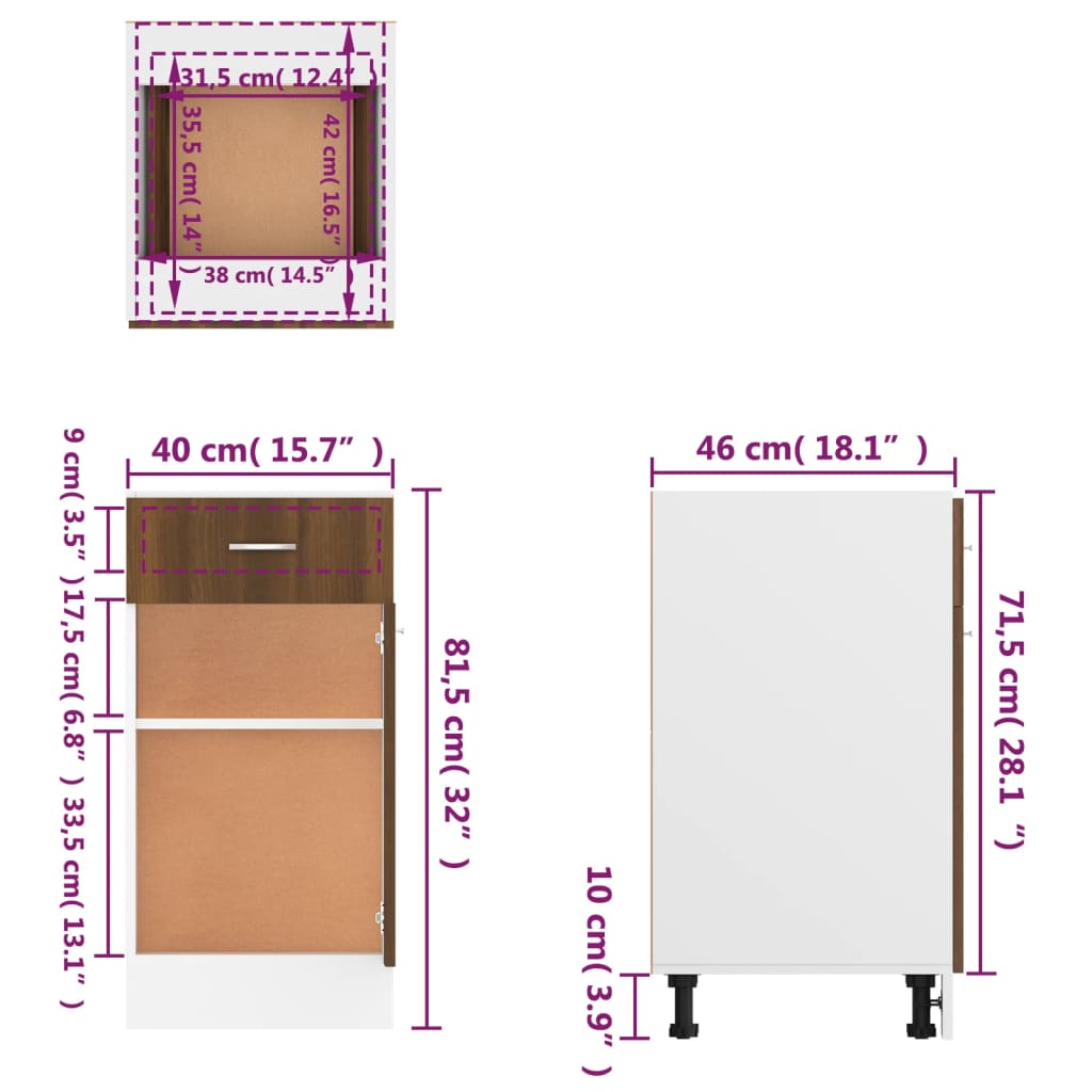 Underskap Med Skuff Brun Eik 40X46X81,5 Cm Konstruert Tre