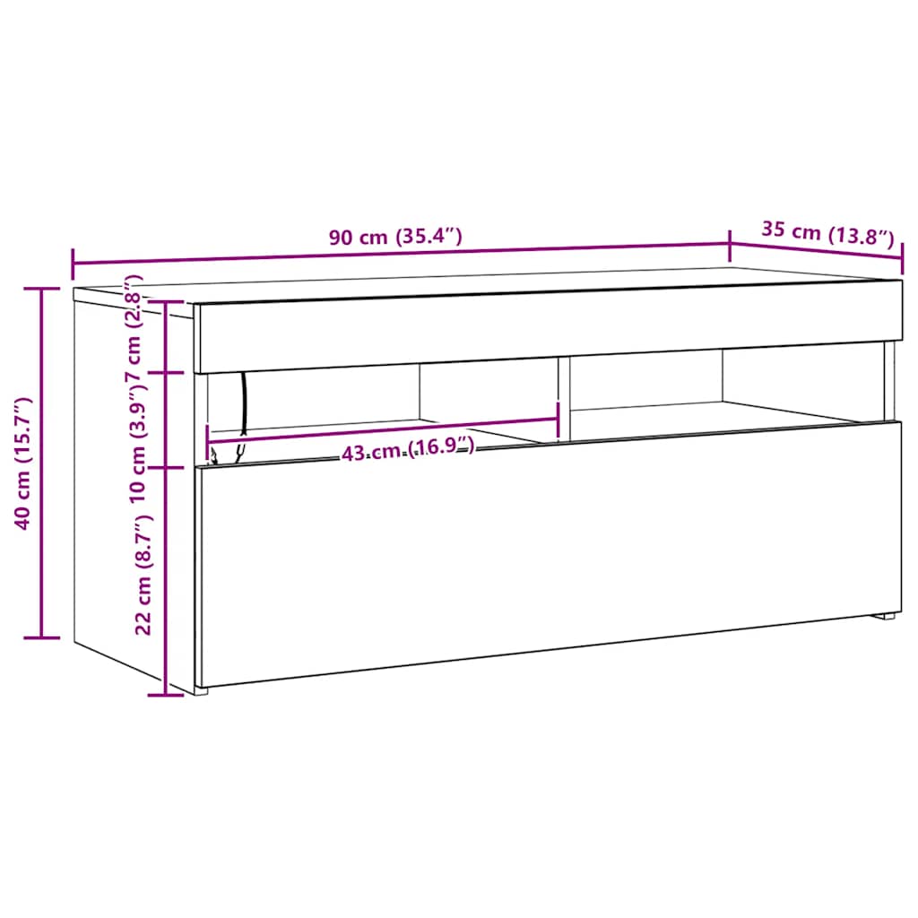 Tv-Benk Med Led-Lys Grå Sonoma 90X35X40 Cm