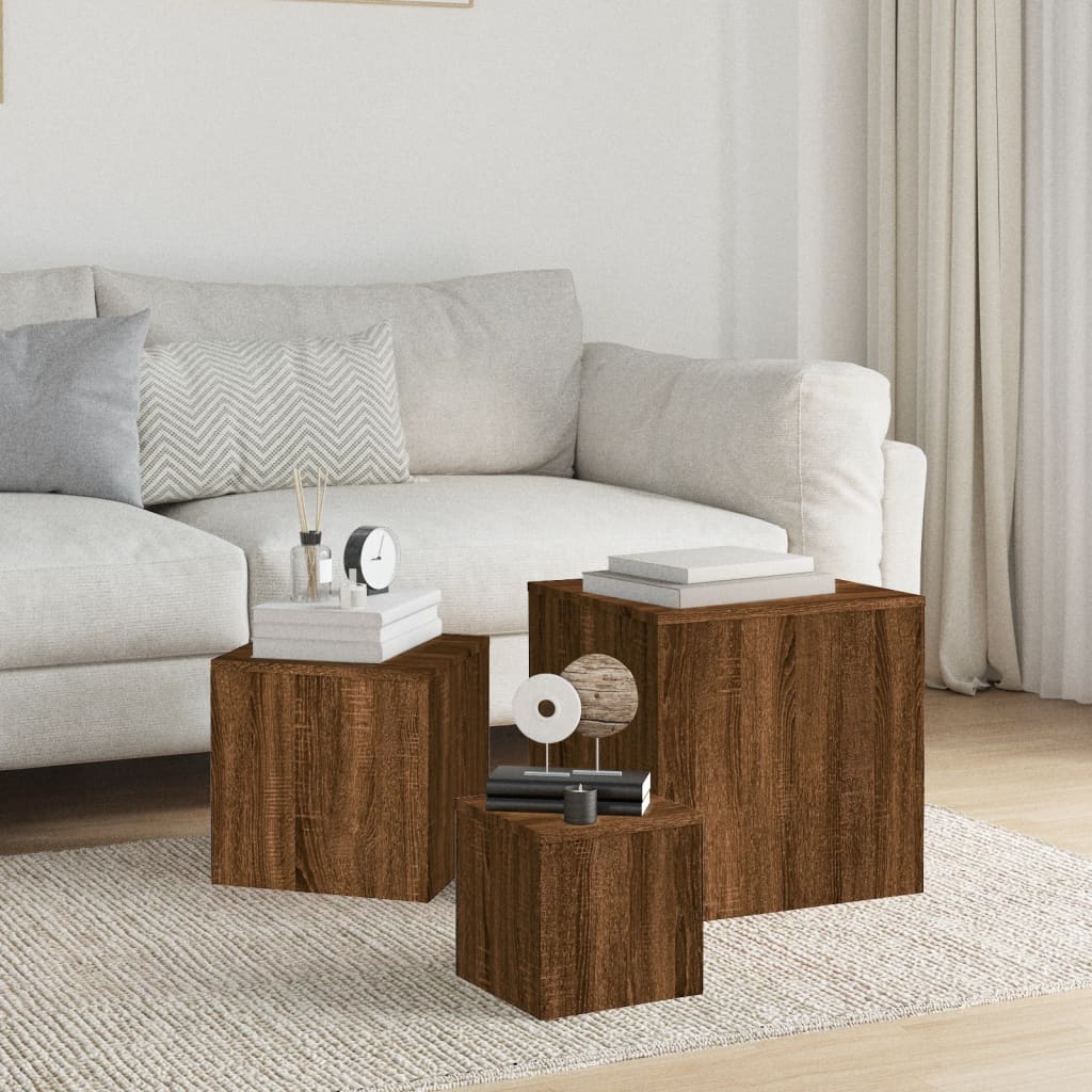 Sidebord 3 Stk Brun Eik Konstruert Tre