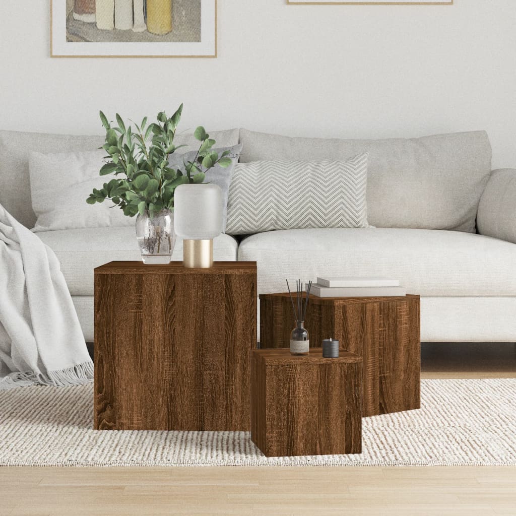 Sidebord 3 Stk Brun Eik Konstruert Tre