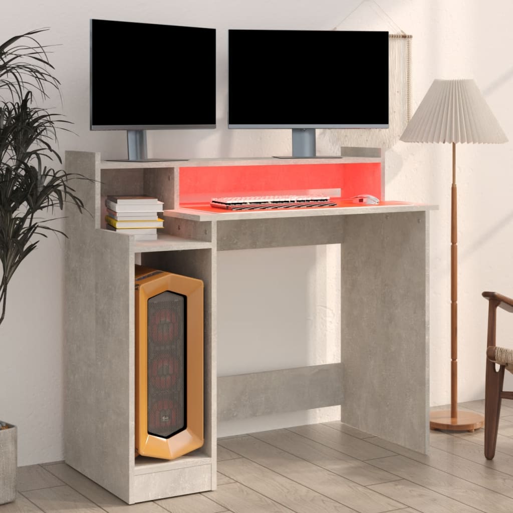 Skrivebord Med Led-Lys Betonggrå 97X45X90 Cm Konstruert Tre