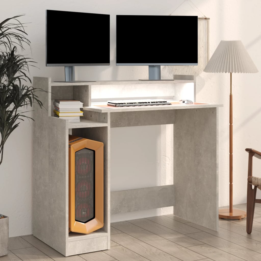Skrivebord Med Led-Lys Betonggrå 97X45X90 Cm Konstruert Tre