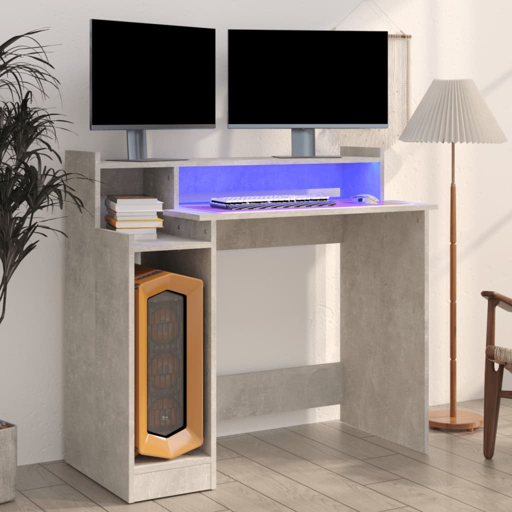 Skrivebord Med Led-Lys Betonggrå 97X45X90 Cm Konstruert Tre