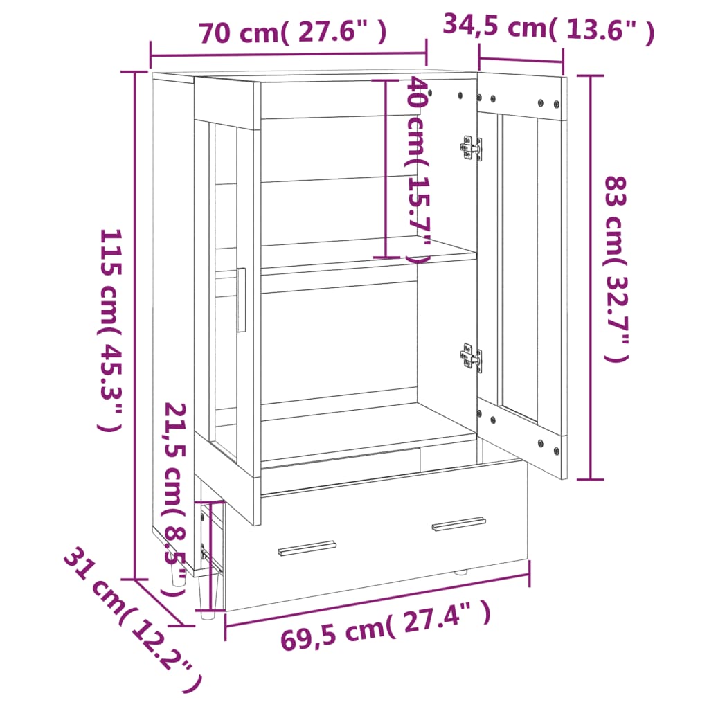 Highboard Sonoma Eik 70X31X115 Cm Konstruert Tre