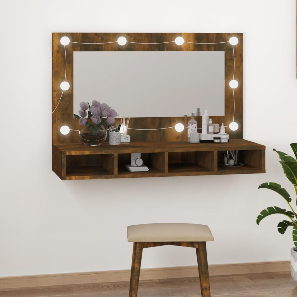 Speilskap Med Led Røkt Eik 90X31,5X62 Cm