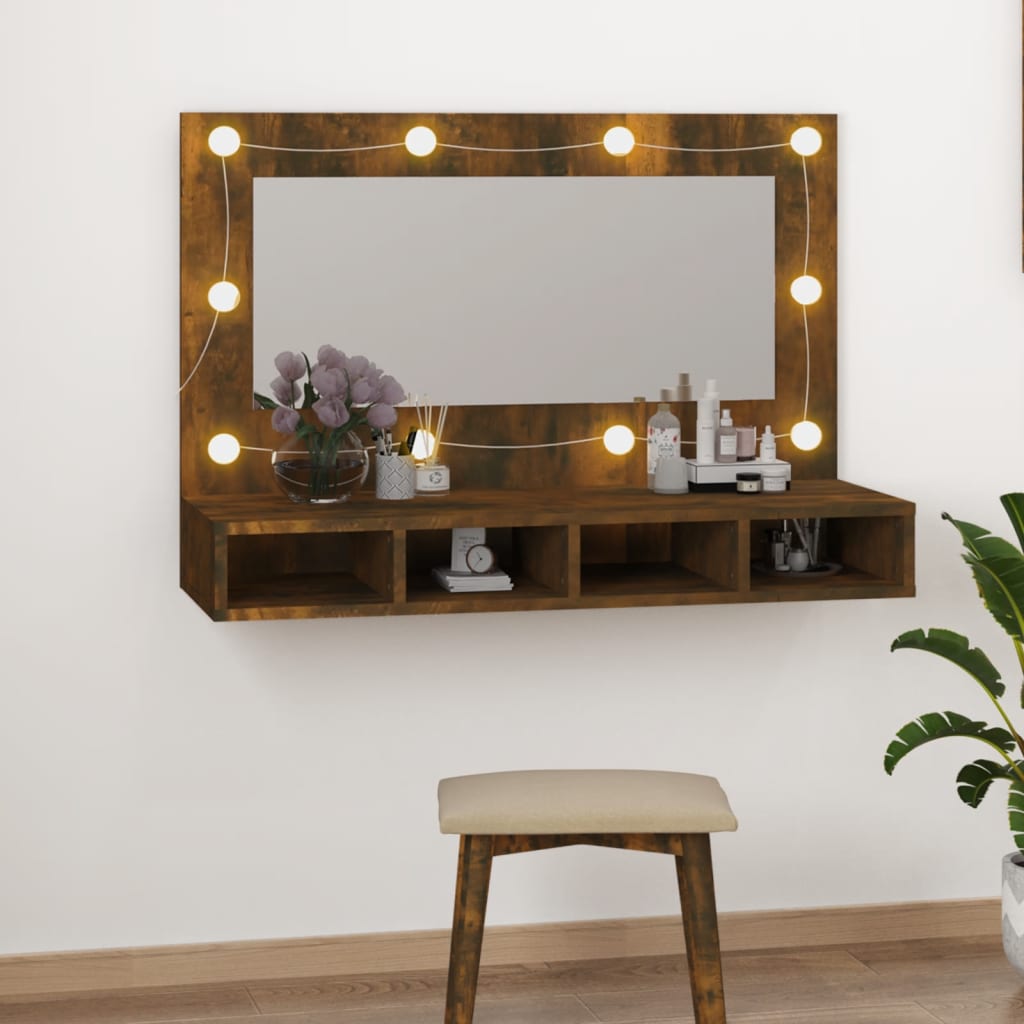 Speilskap Med Led Røkt Eik 90X31,5X62 Cm