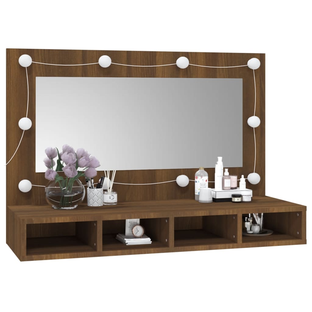Speilskap Med Led Brun Eik 90X31,5X62 Cm
