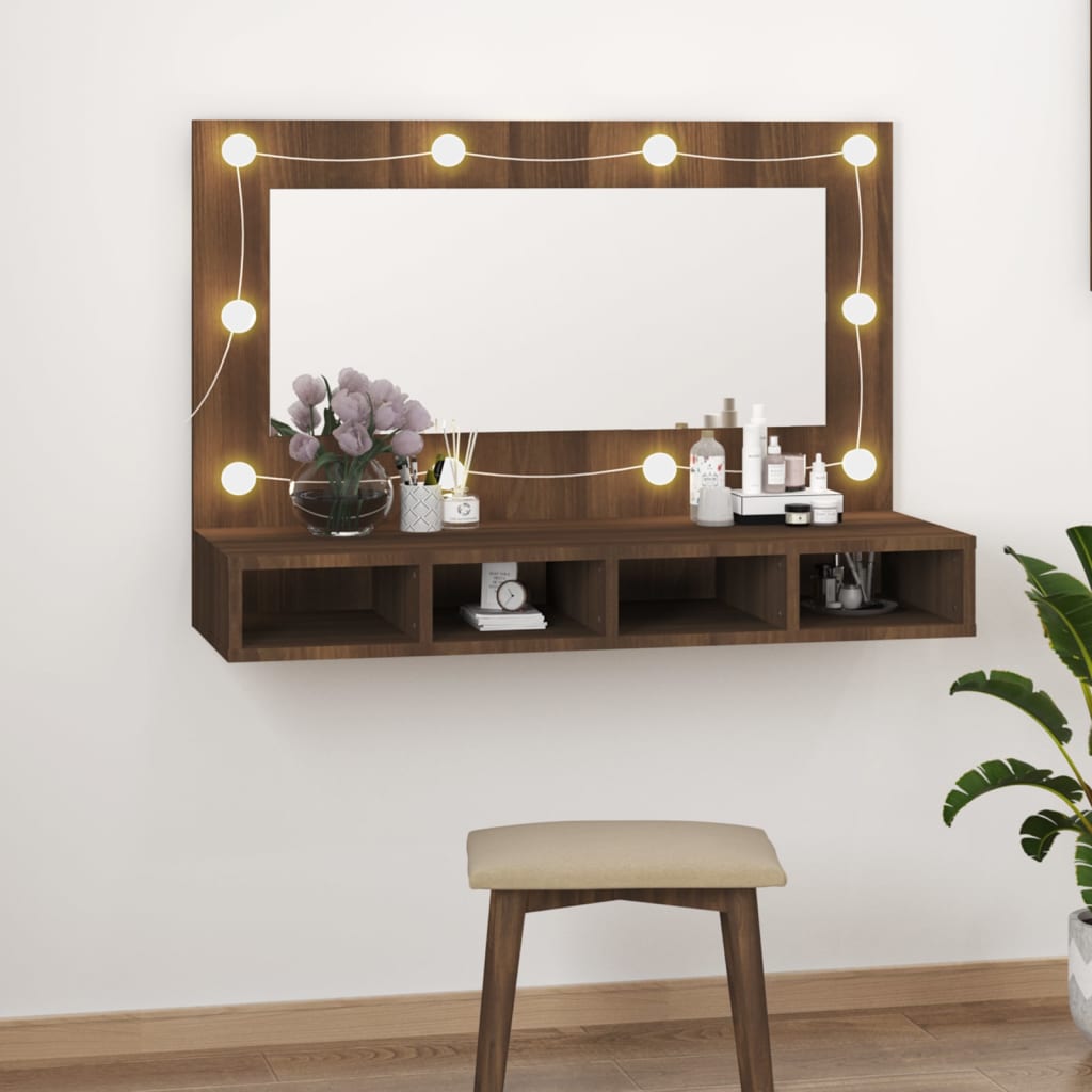 Speilskap Med Led Brun Eik 90X31,5X62 Cm