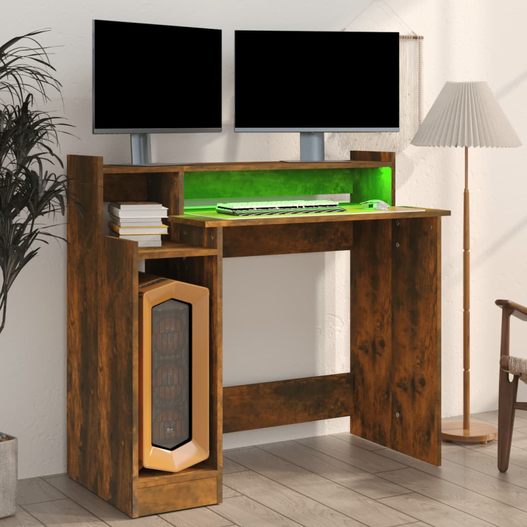 Skrivebord Med Led-Lys Røkt Eik 97X45X90 Cm Konstruert Tre