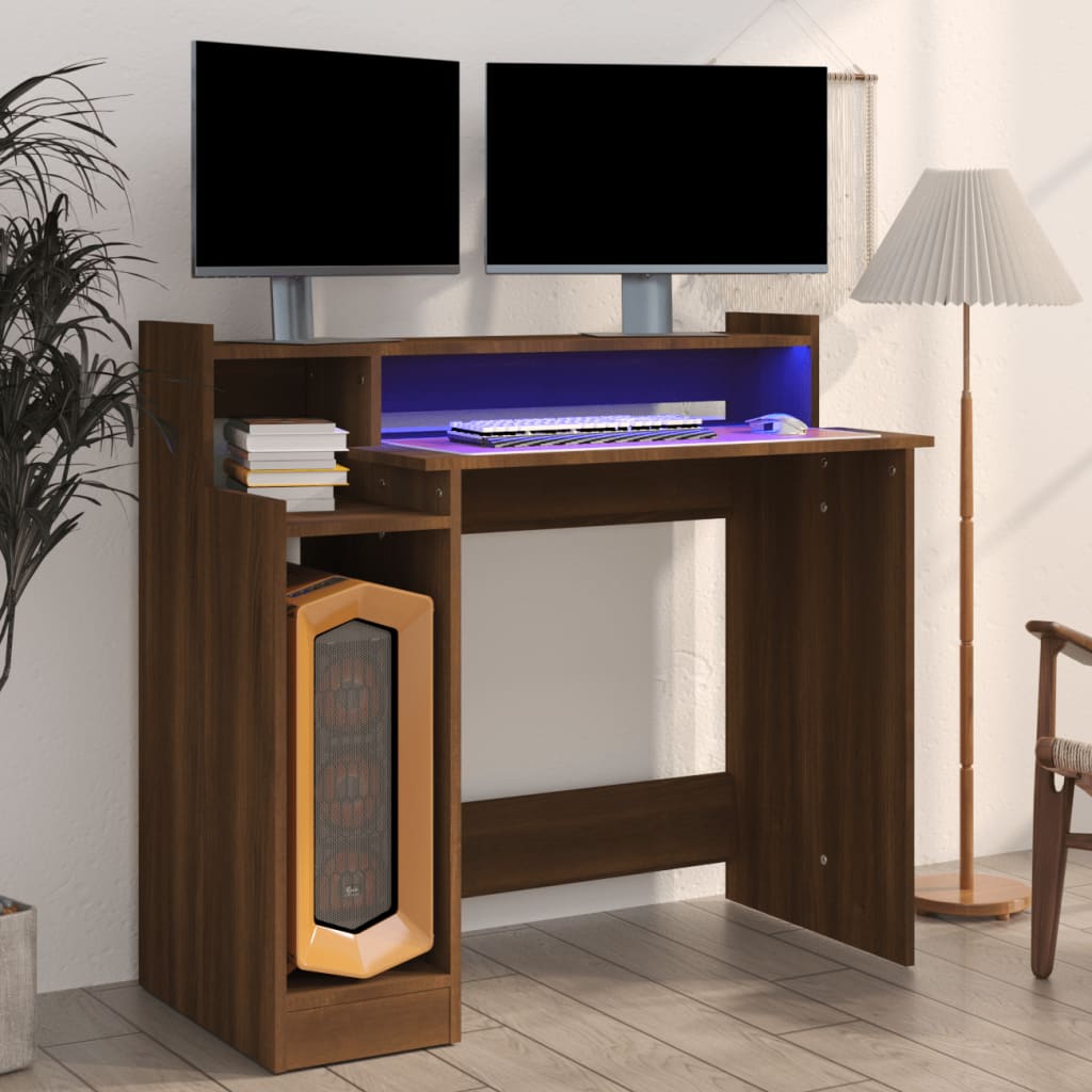 Skrivebord Med Led-Lys Brun Eik 97X45X90 Cm Konstruert Tre