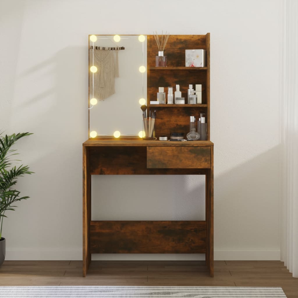 Sminkebord Med Led Røkt Eik 74,5X40X141 Cm