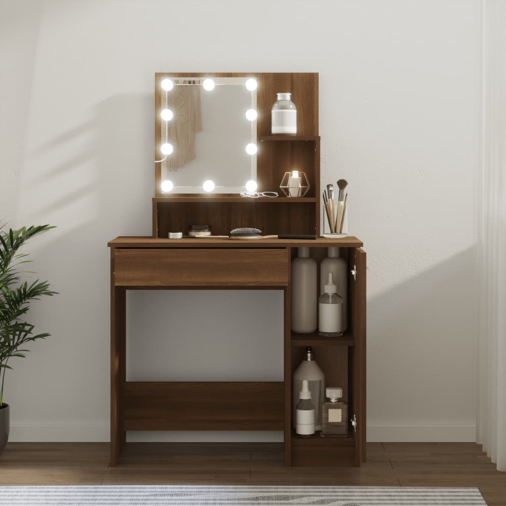Sminkebord Med Led Brun Eik 86,5X35X136 Cm