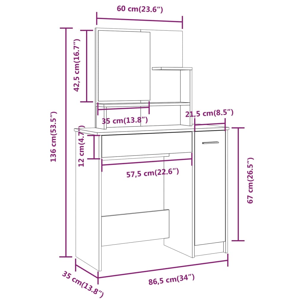 Sminkebordsett Hvit 86,5X35X136 Cm