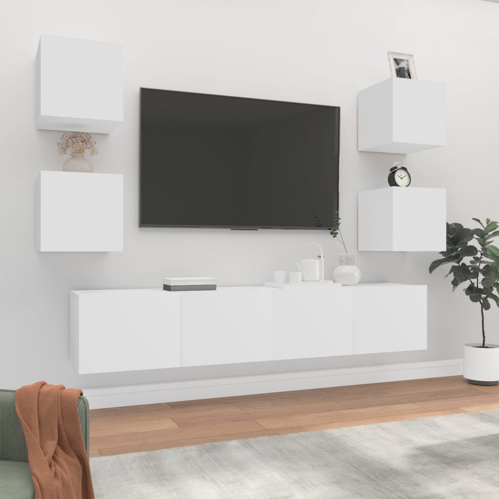 Tv-Skapsett 6 Deler Hvit Konstruert Tre