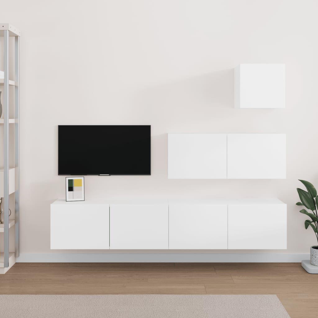 Tv-Benksett 4 Deler Hvit Konstruert Tre