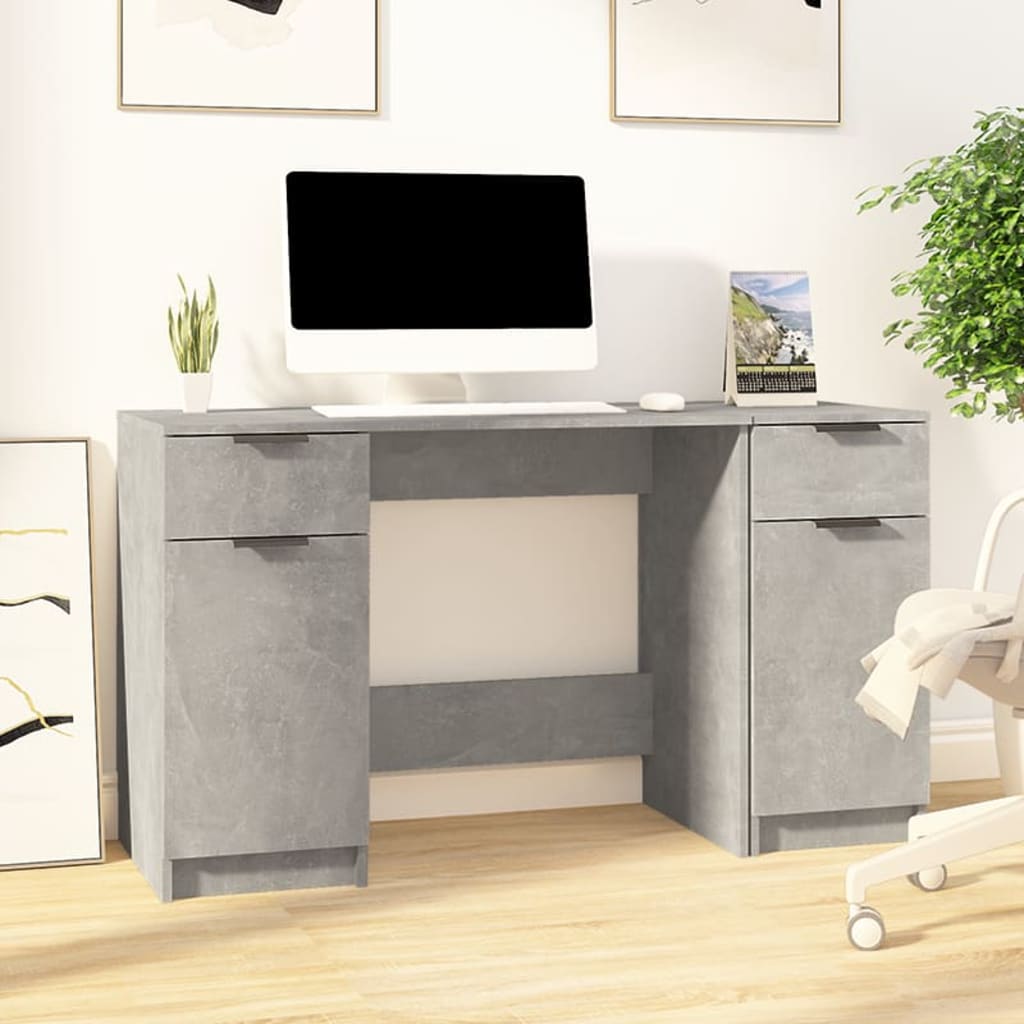Skrivebord Med Sideskap Betonggrå Konstruert Tre