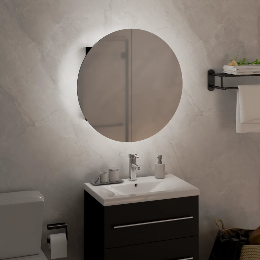 Baderomsskap Med Rundt Speil Og Led Svart 40X40X17,5 Cm
