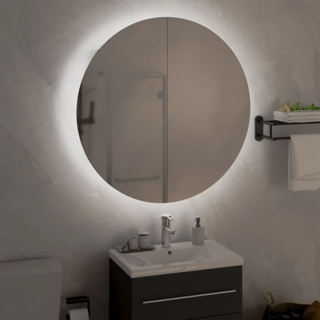 Baderomsskap Med Rundt Speil Og Led Svart 54X54X17,5 Cm