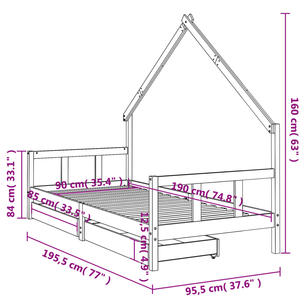 Barnesengeramme Med Skuffer 90X190 Cm Heltre Furu