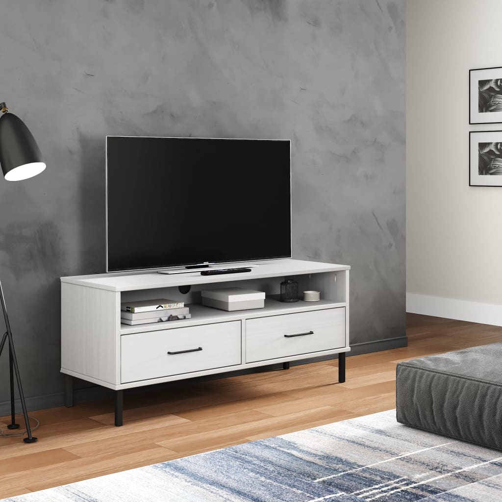 Tv-Benk Med Metallben Hvit Heltre Furu Oslo