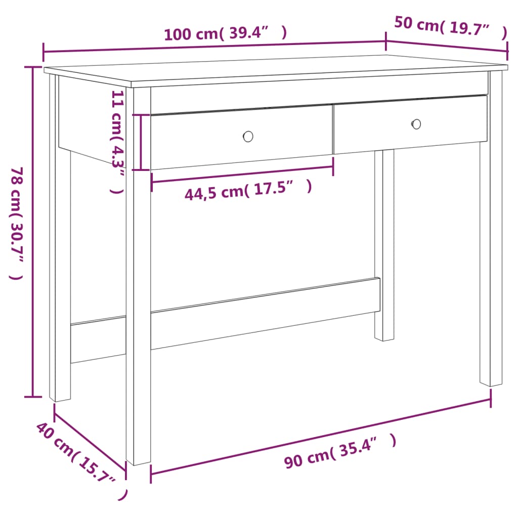 Skrivebord Med Skuffer Hvit 100X50X78 Cm Heltre Furu