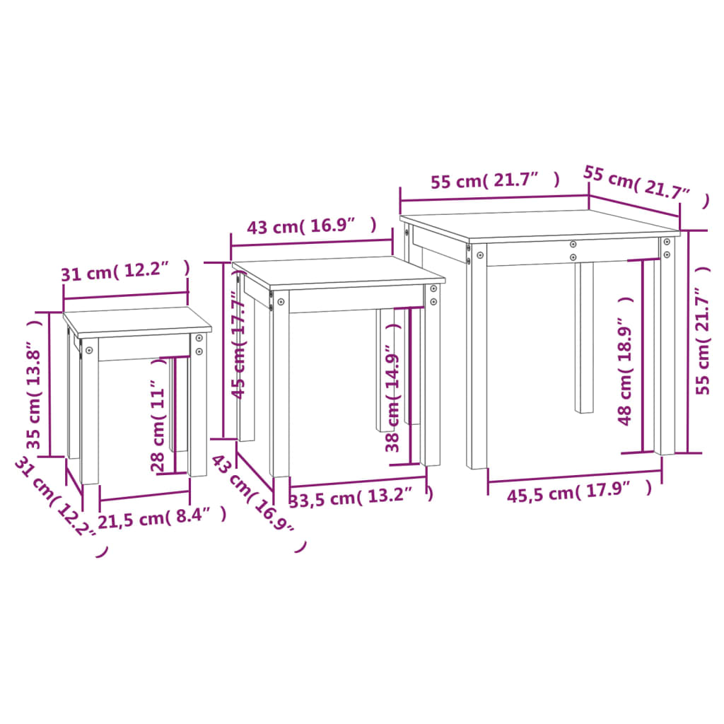 Stablebord 3 Stk Hvit Heltre Furu