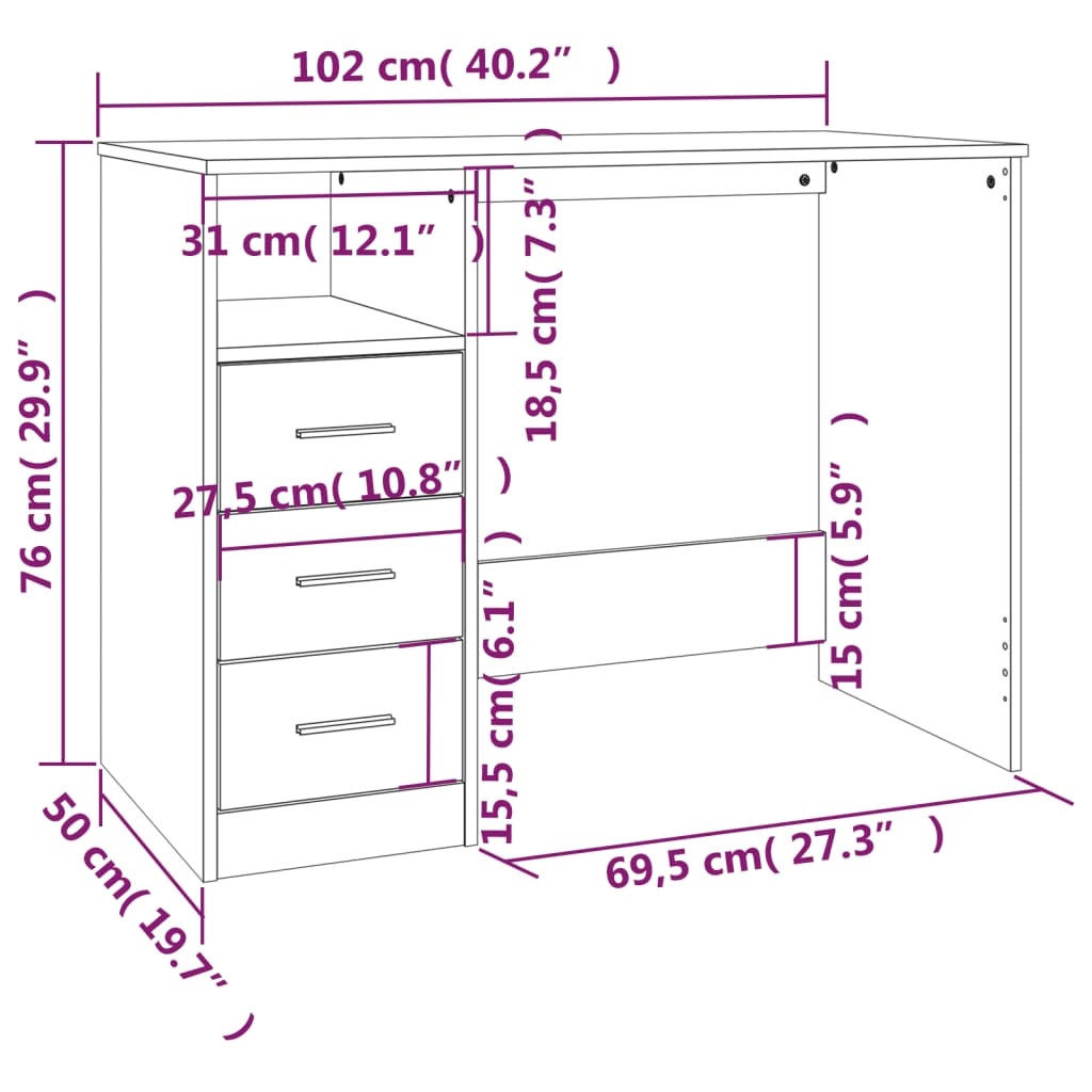 Skrivebord Høyglans Hvit 102X50X76 Cm Konstruert Tre