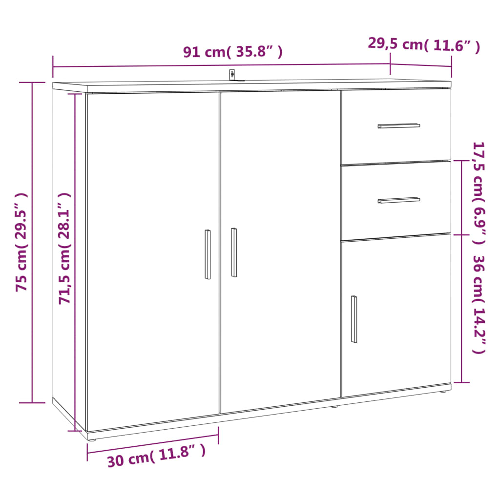 Skjenk Sonoma Eik 91X29,5X75 Cm Konstruert Tre