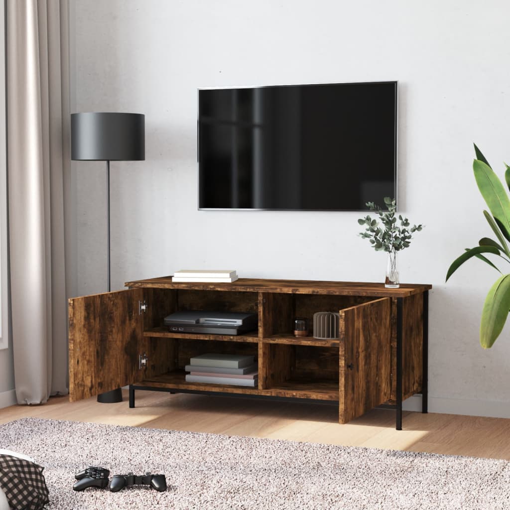 Tv-Benk Med Dører Røkt Eik 102X35X45 Cm Konstruert Tre