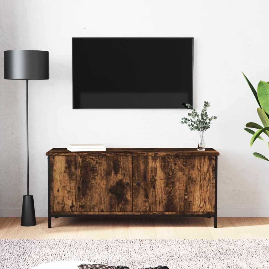 Tv-Benk Med Dører Røkt Eik 102X35X45 Cm Konstruert Tre