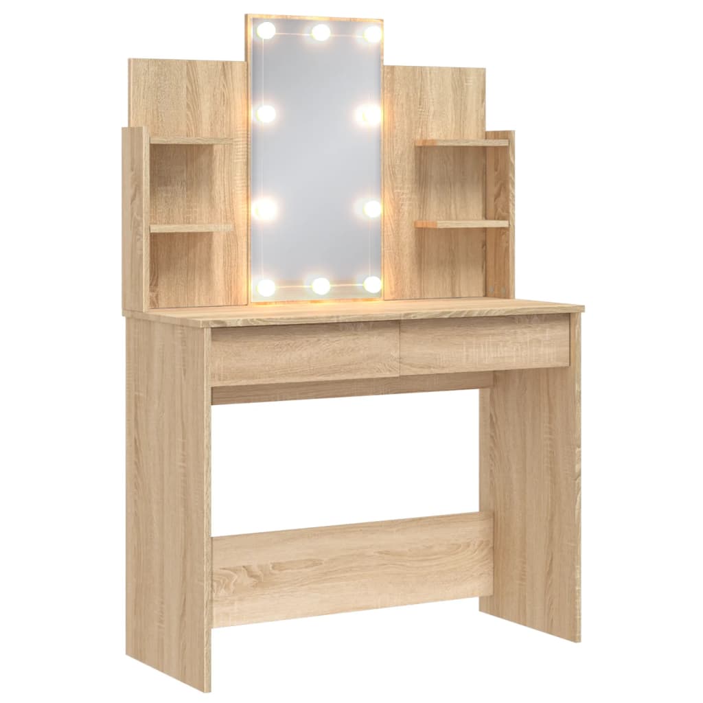 Sminkebord Med Led-Lys Sonoma Eik 96X40X142 Cm